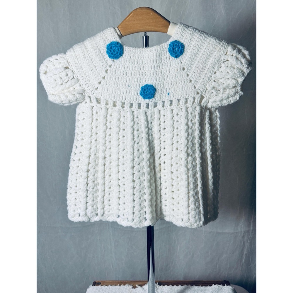 Handmade Crochet Baby Dress Toddler White Blue Floral Vintage Cottagecore 12-18M